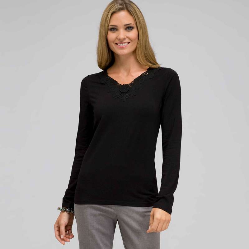 Long Sleeve V-Neck Top, Black, large image number 0